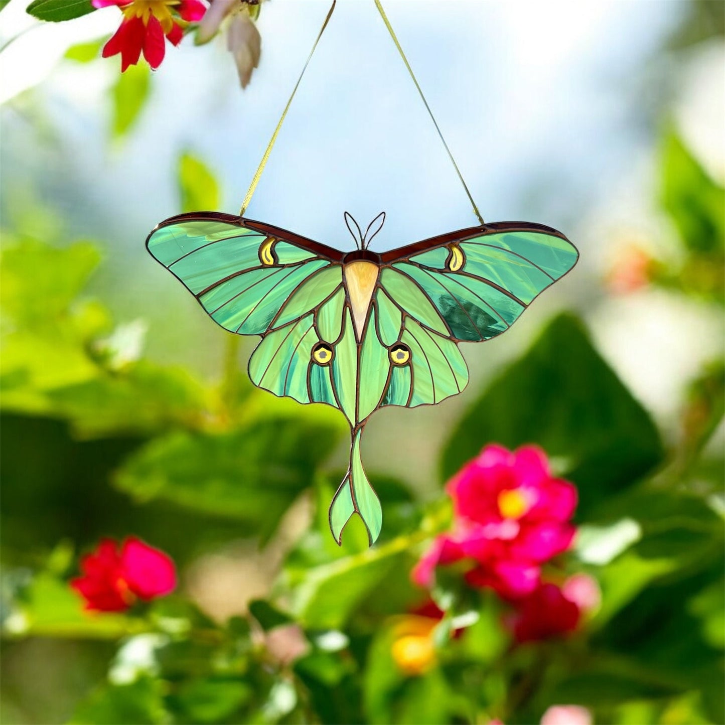 Luna moth stained resin window hangings