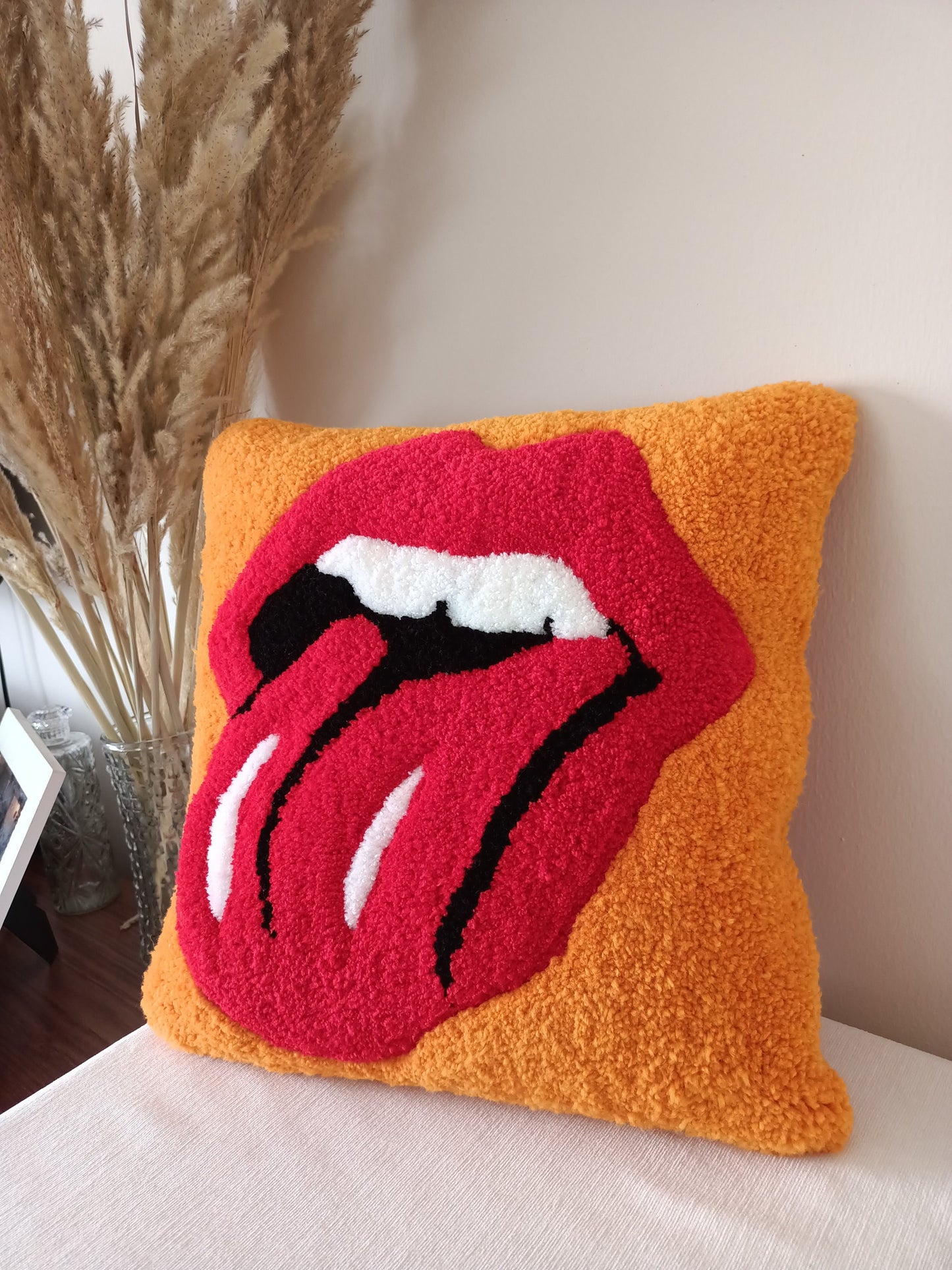 Red Sexy Lips Tongue Out Tufting Throw Pillow