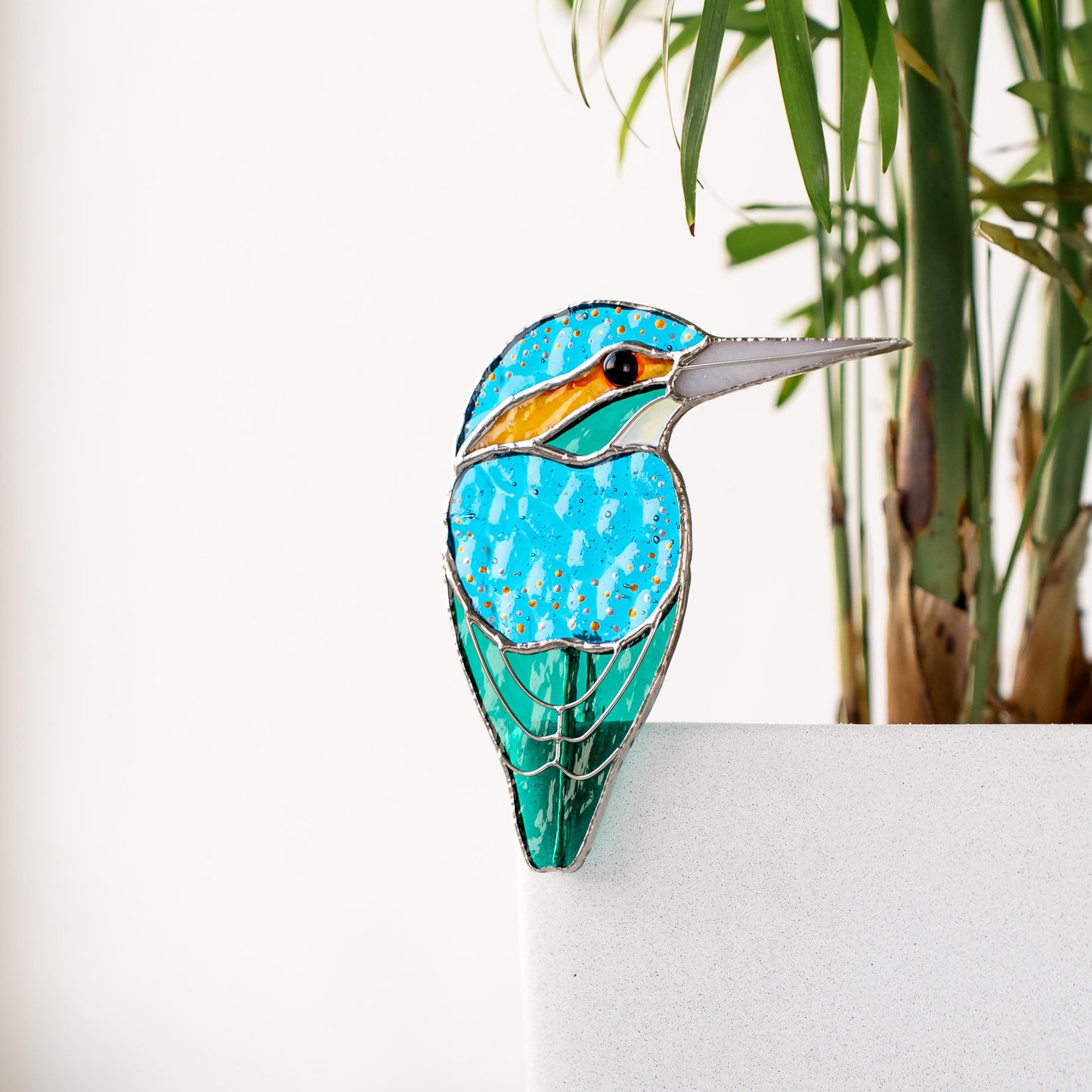Kingfisher Bird Planter Stained Glass Decor