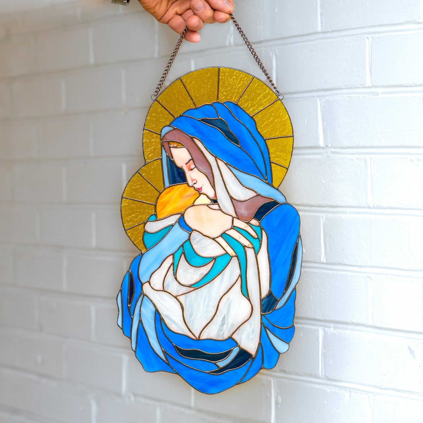 Stained Resin Madonna and Child Suncatcher – Handmade Virgin Mary Wall Hanging