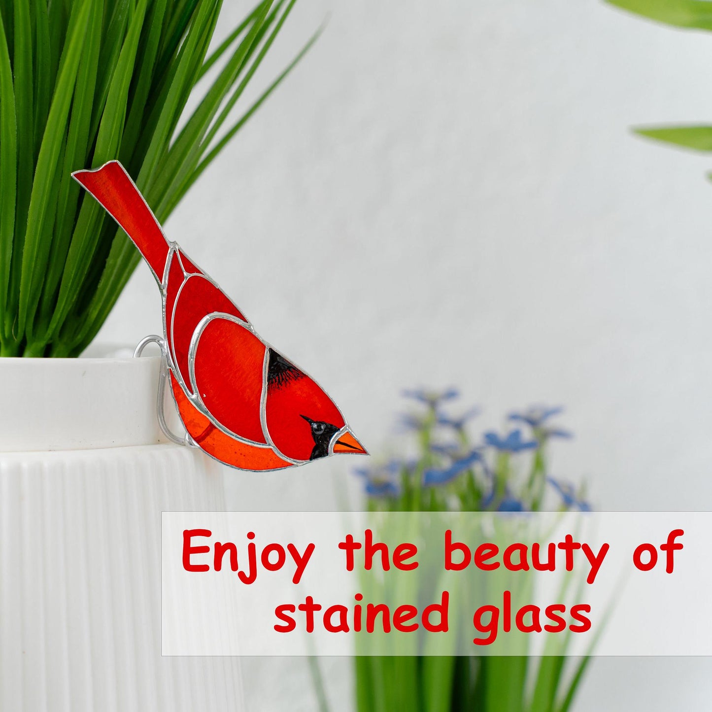 Stained glass Red cardinal planter decor