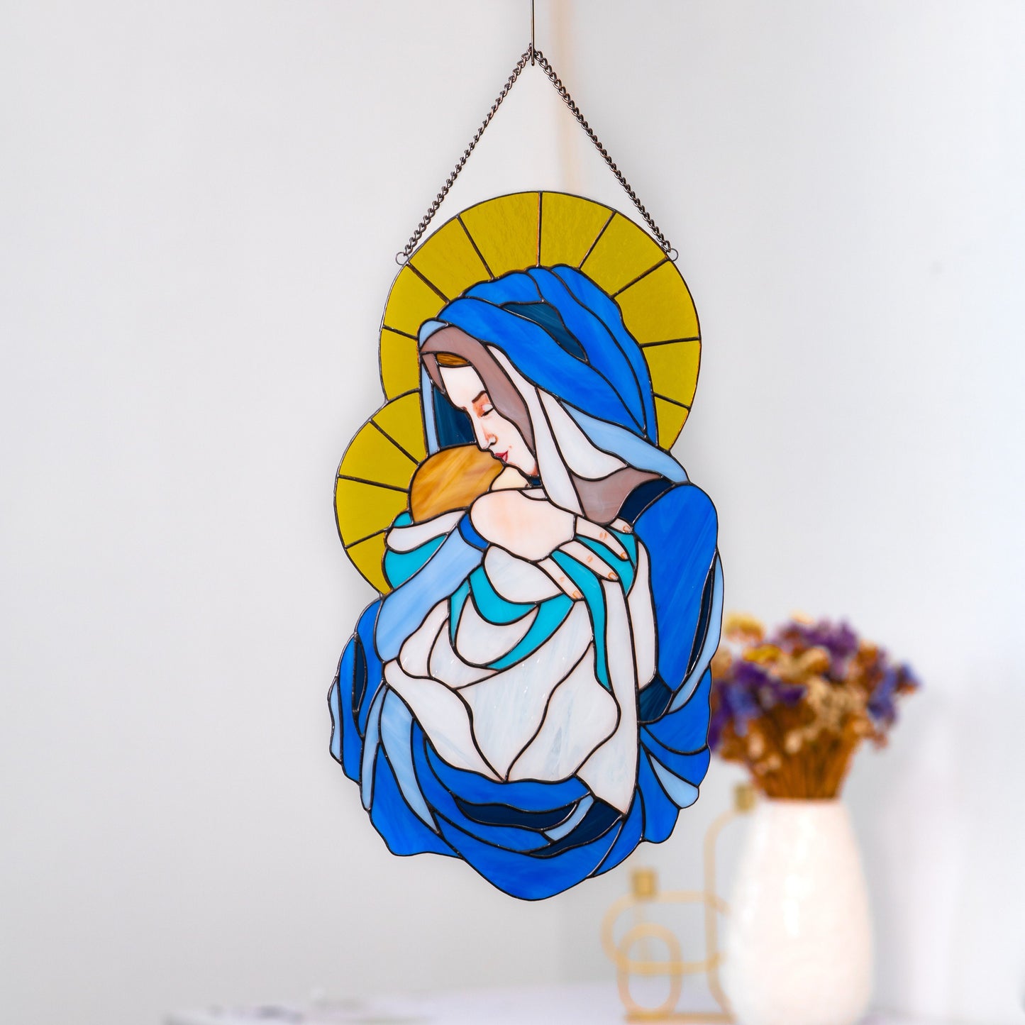 Stained Resin Madonna and Child Suncatcher – Handmade Virgin Mary Wall Hanging