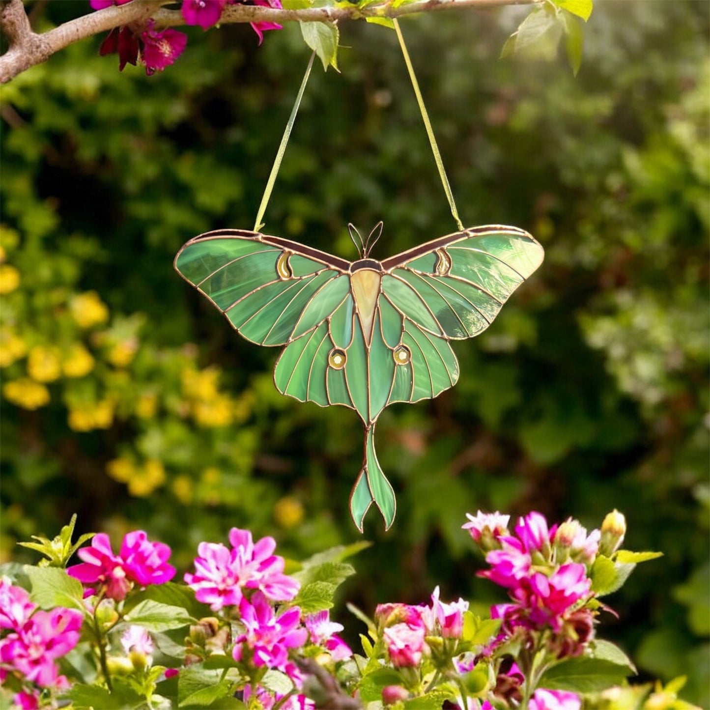 Luna moth stained resin window hangings