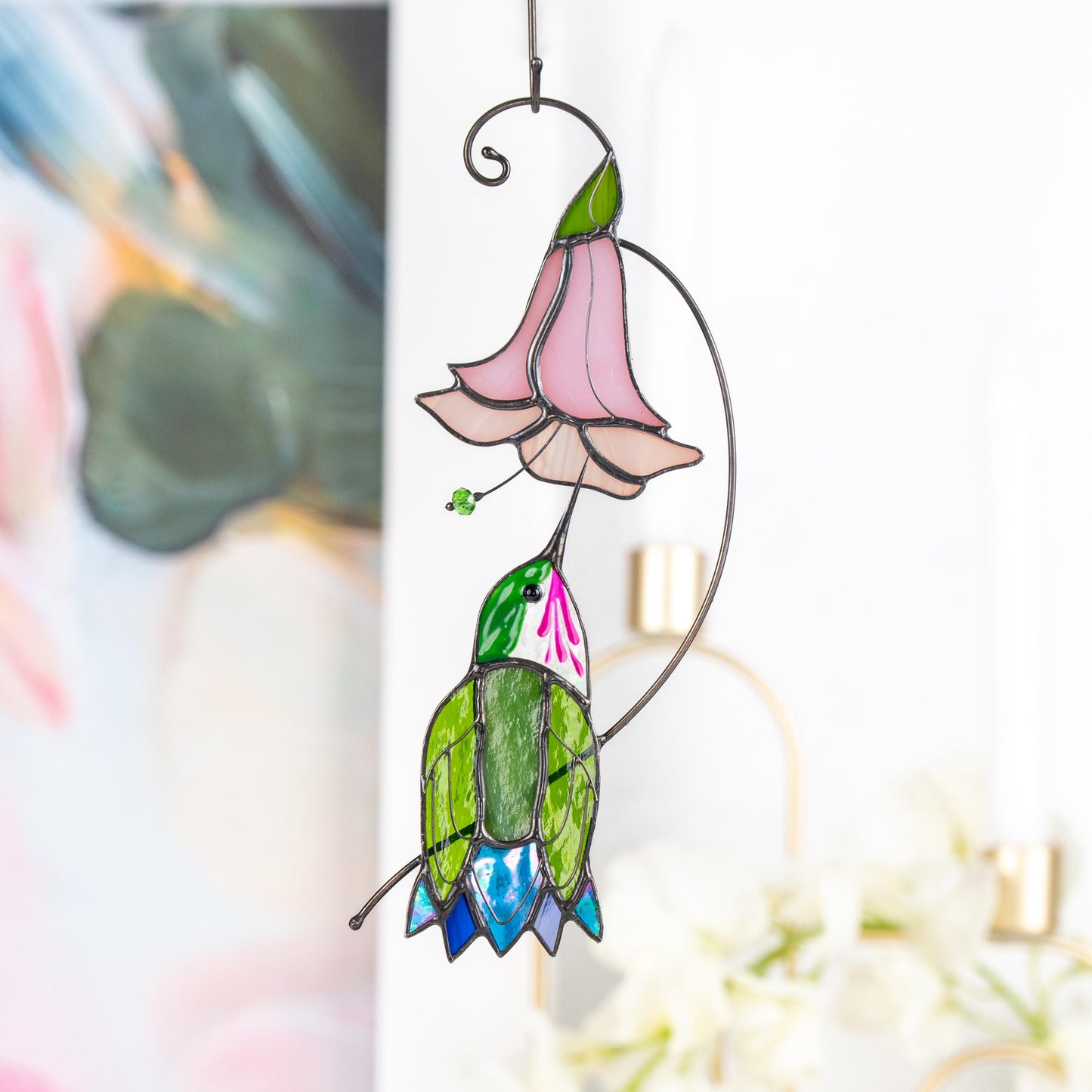 Hummingbird stained glass flower