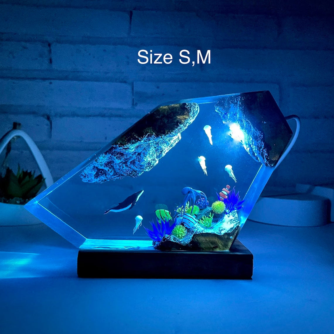 Humpback whale and Jellyfish resin night light,Epoxy and Wooden Night Lights