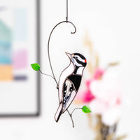 Downy woodpecker stained glass window hangings