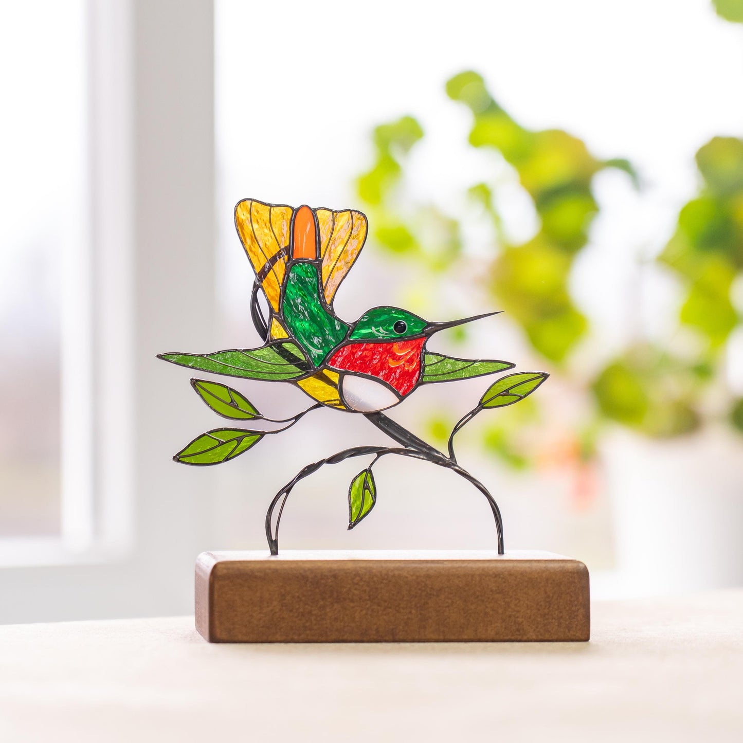 Custom stained glass hummingbird panel
