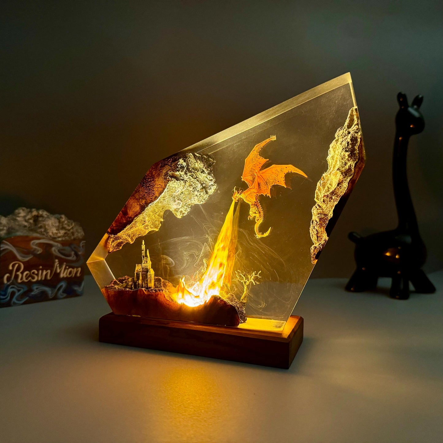Fire breath dragon resin lamp