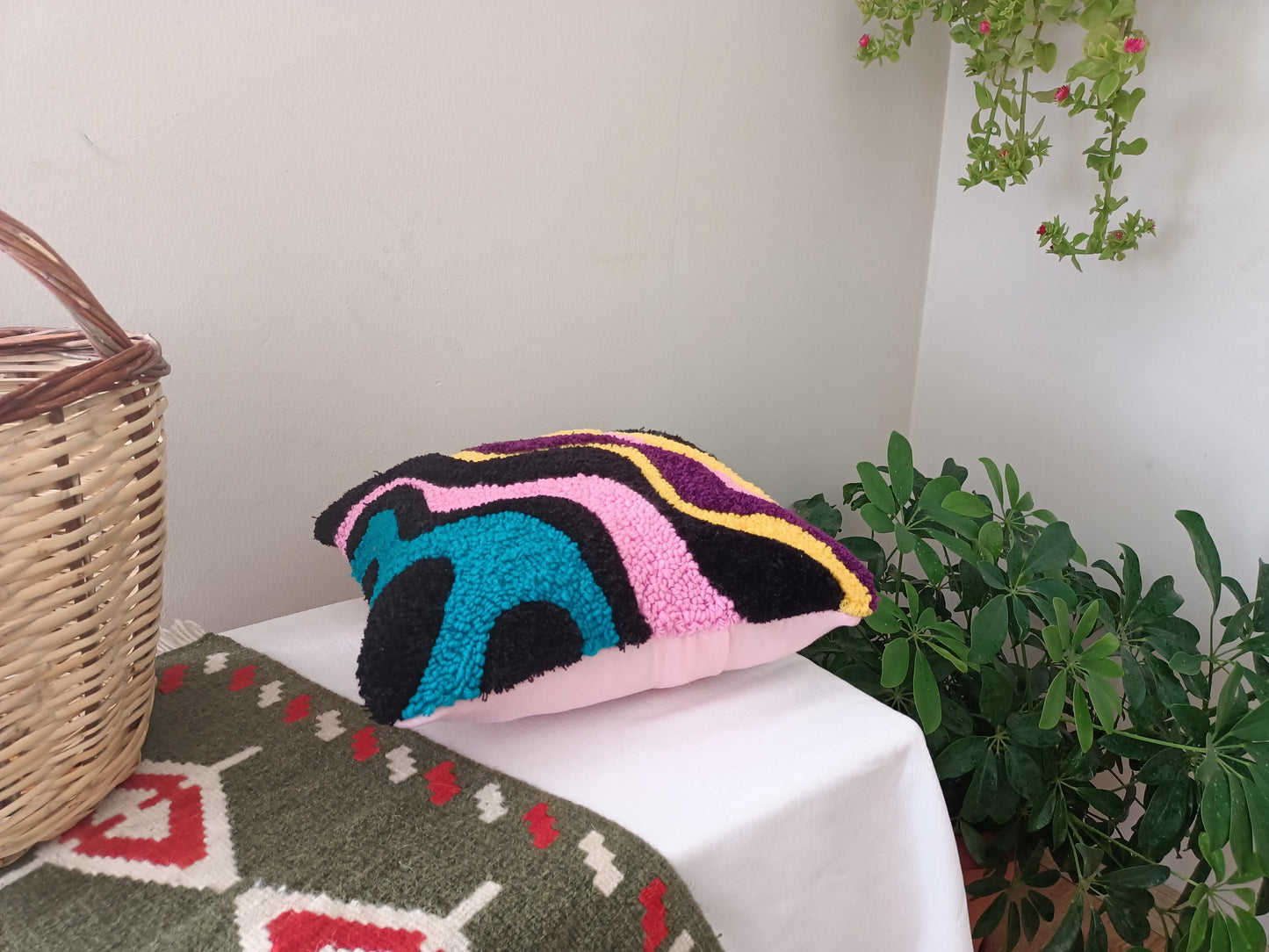Punch Needle Tufted Wavy Squiggle Pillow