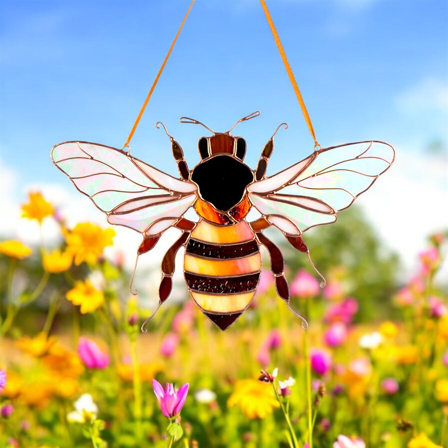 Honey bee stained resin window hangings