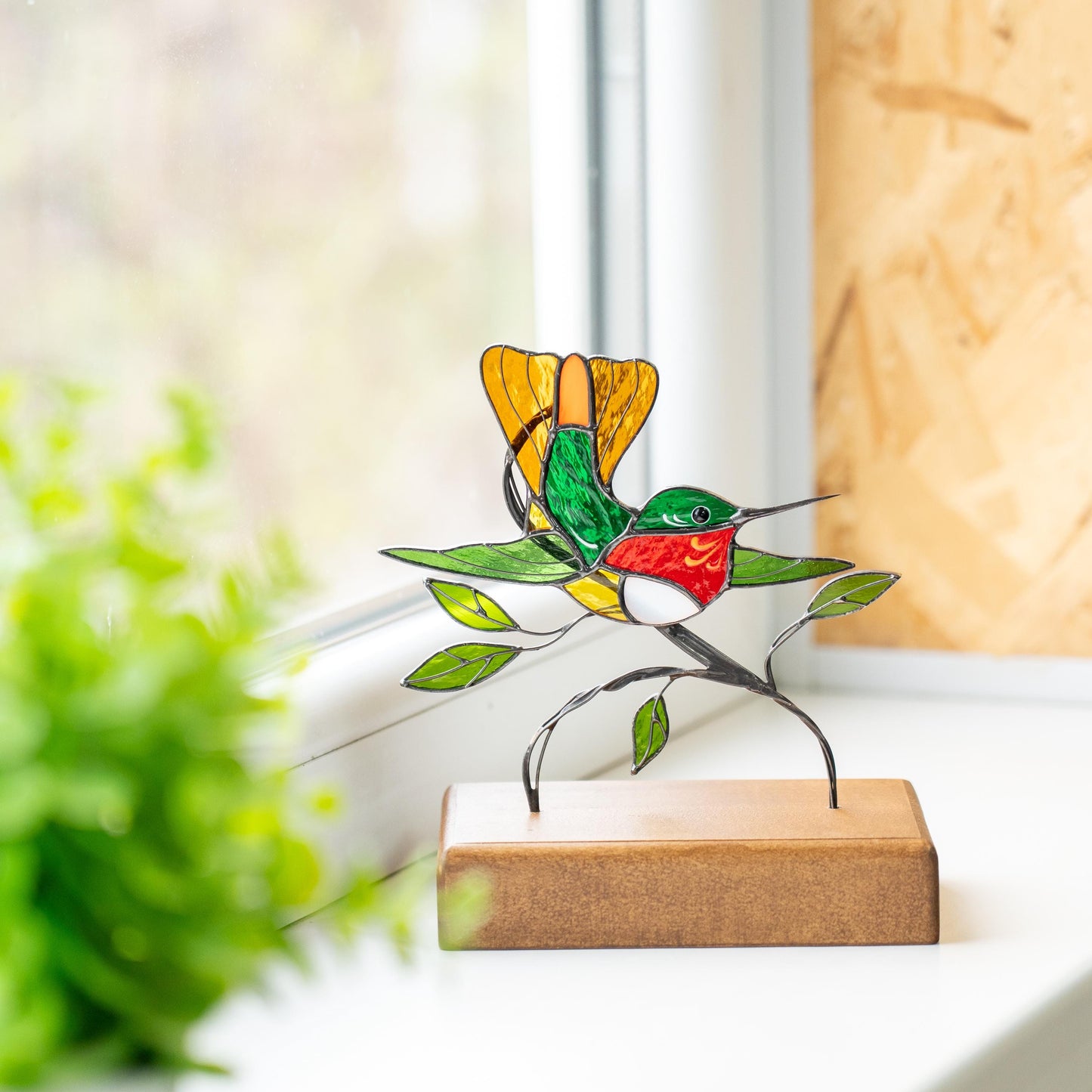 Custom stained glass hummingbird panel