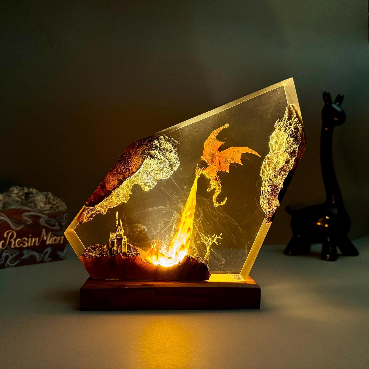 Fire breath dragon resin lamp