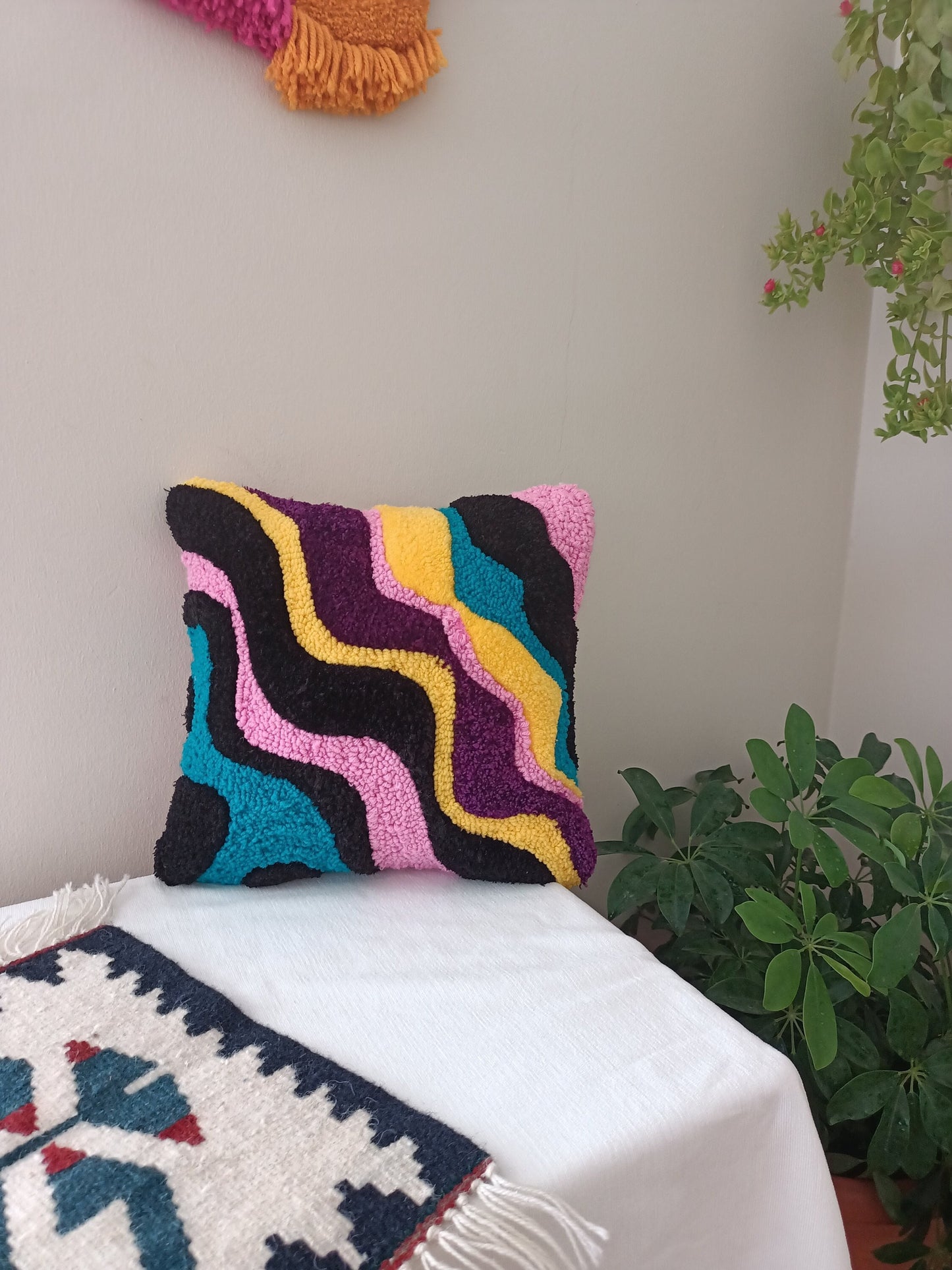 Punch Needle Tufted Wavy Squiggle Pillow