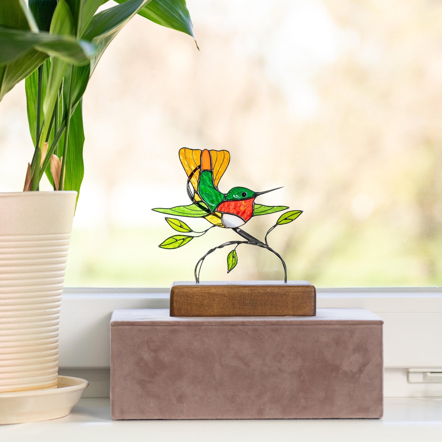 Custom stained glass hummingbird panel