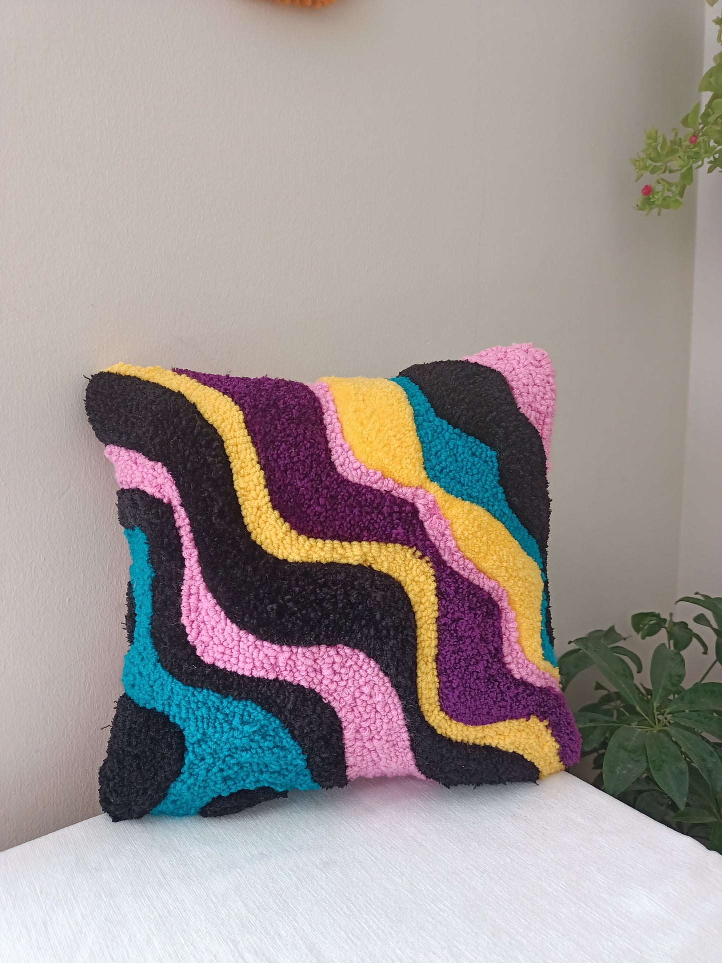 Punch Needle Tufted Wavy Squiggle Pillow