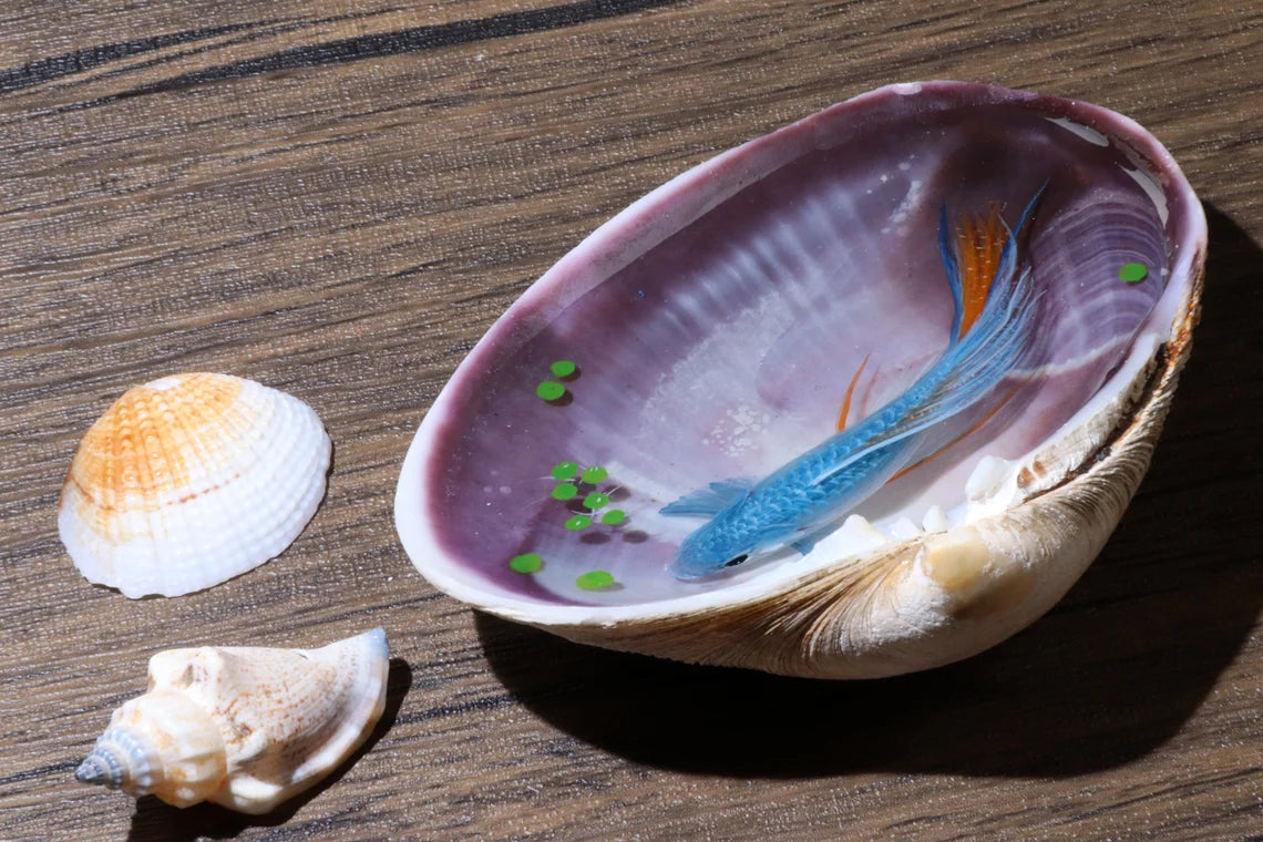 Epoxy resin painting blue koi int a strong shell, resin handcraft