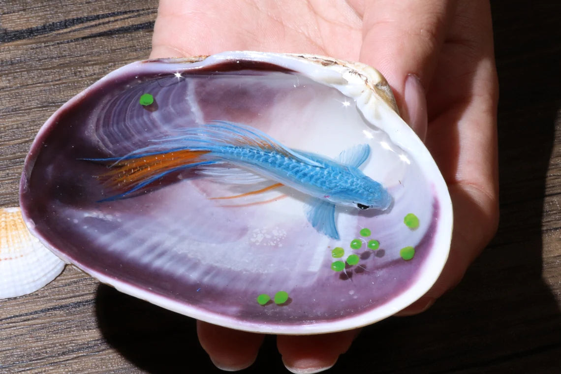 Epoxy resin painting blue koi int a strong shell, resin handcraft