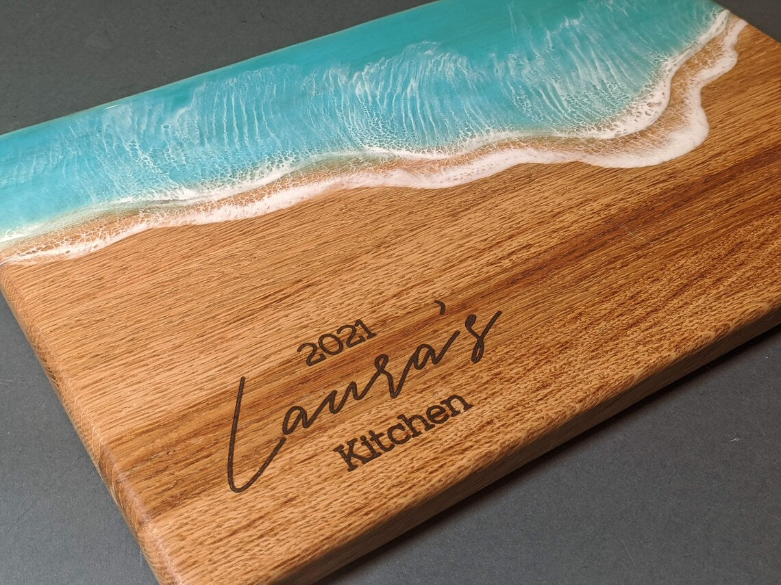 Personalized Wedding Family gift box Large Oak Wooden Ocean Resin Cheese Board Set