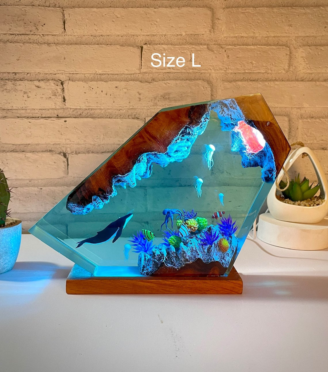 Humpback whale and Jellyfish resin night light,Epoxy and Wooden Night Lights