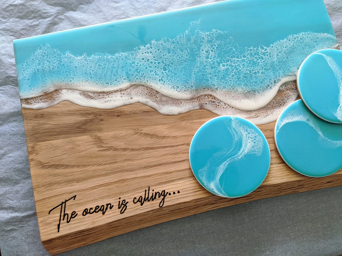 Personalized Wedding Family gift box Large Oak Wooden Ocean Resin Cheese Board Set
