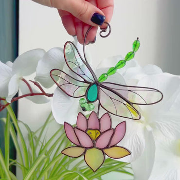 dragonfly and lotus flower Custom stained glass