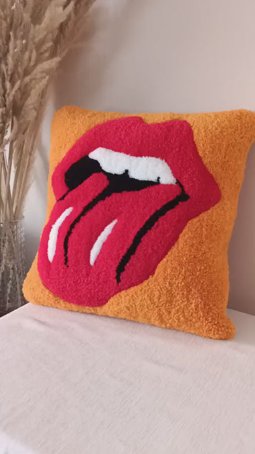 Red Sexy Lips Tongue Out Tufting Throw Pillow